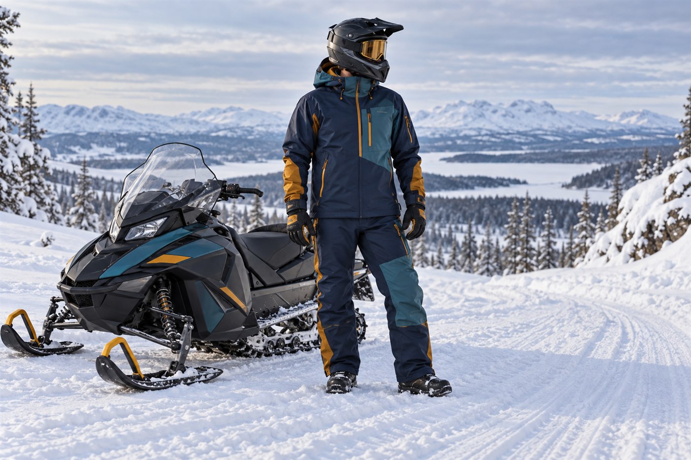 Fjällförare i tekniska vinterkläder bredvid en snöskoter