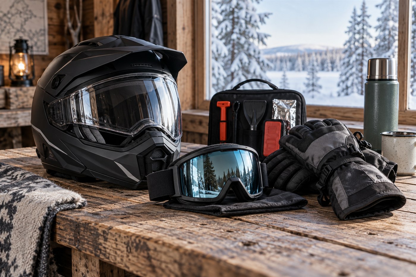 Hjälm, goggles och handskar på en bänk vid vinterlandskap