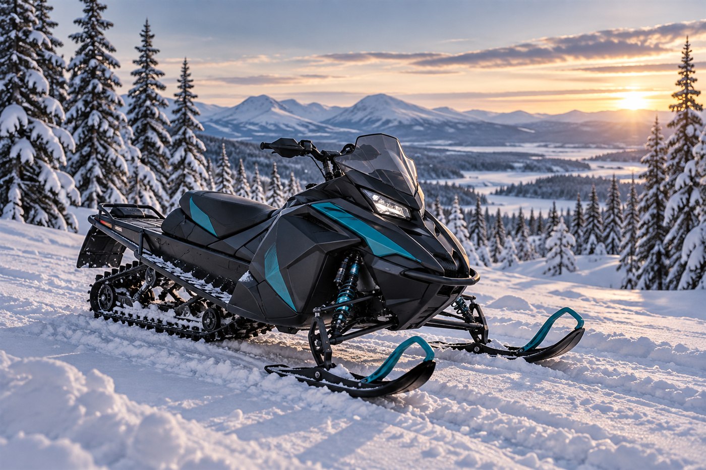 Obrandad snöskoter parkerad på en fjällnära vinterled
