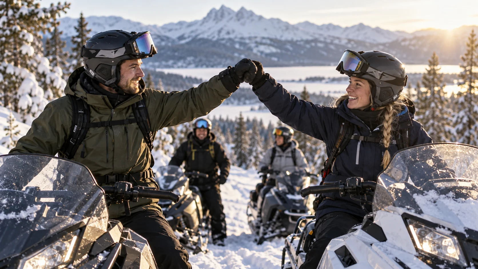 Kollegor gör en fist bump vid snöskotrar under en vinterdag
