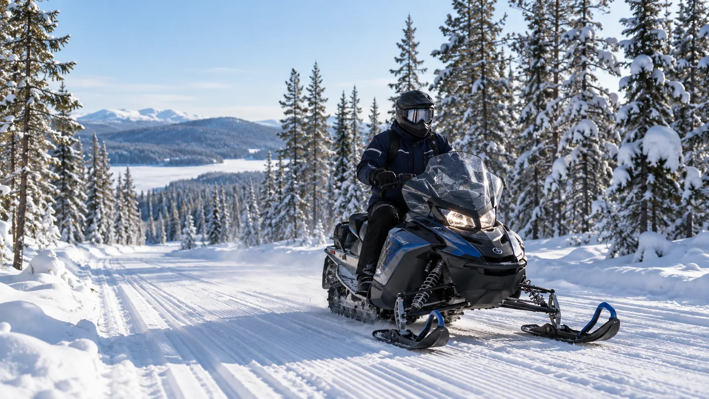 Snöskoterförare på vinterled under praktisk körning